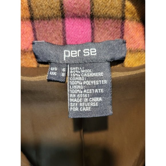 Per Se Wool Cashmere Blend Pink Brown Check Crop Double Breasted Jacket Size 6 - Picture 7 of 7
